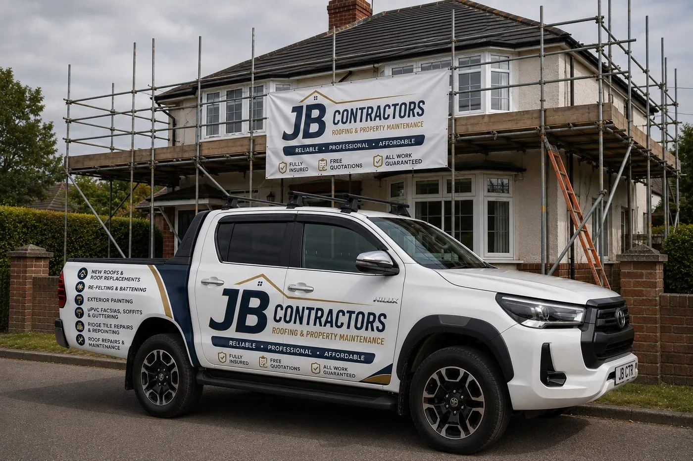 Helston Roofing pickup truck on site at a scaffolded roofing job in Helston